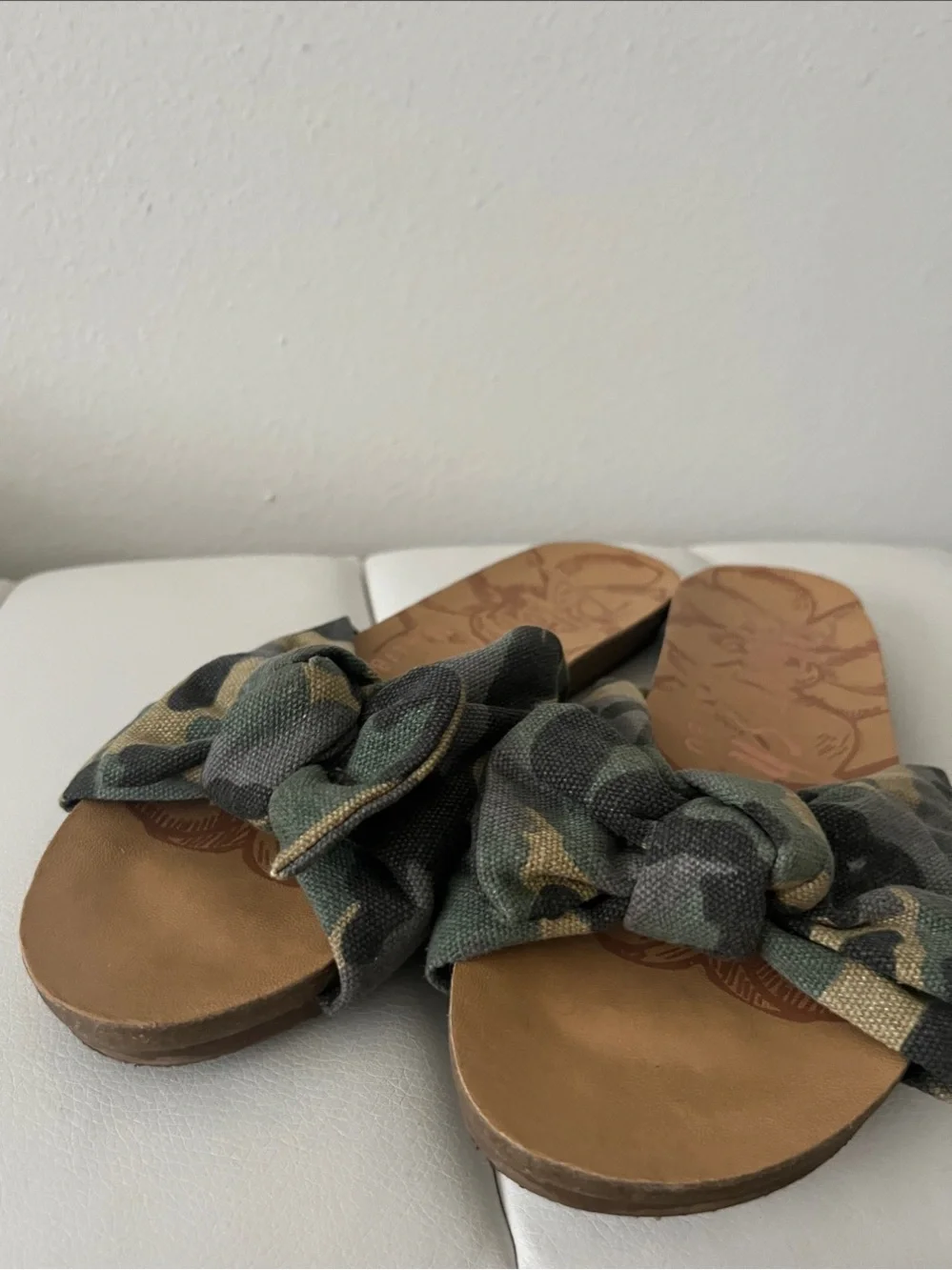 Blowfish Camo Knotted Slide Sandals in Green and Tan